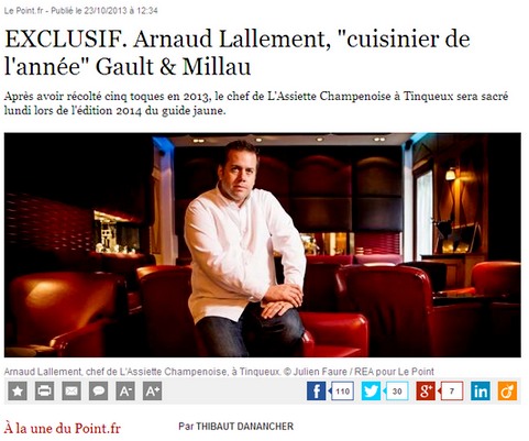 Arnaud Lallement Chef de l'Année 2014 Gault-Millau